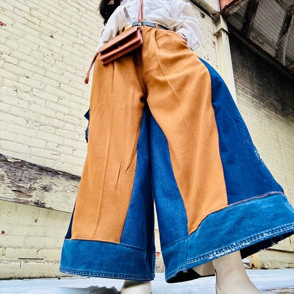 Denim and tan patchwork trousers size large